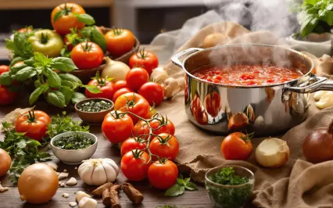 Une marmite de sauce tomate maison mijote, entourée de tomates fraîches, d'oignons et d'herbes.