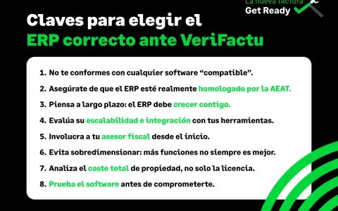Claves para elegir un ERP correcto, incluyendo aspectos de erp facturacion, homologación AEAT, escalabilidad, asesor fiscal y coste total.