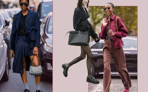 Stylish women showcase how to wear loafers in winter with chic outfits: a navy skirt suit, a black blazer with tights, and a burgundy jacket with brown trousers.