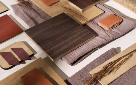 Tutti i colori del legno: campioni scuri e chiari, tessuti e mattoni creano una composizione materica.