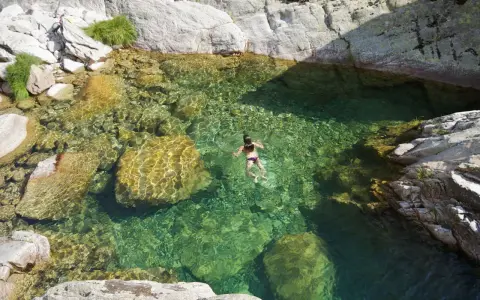 Una persona nada en unas cristalinas piscinas naturales Gredos, rodeadas de rocas y vegetación.