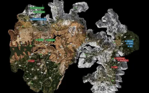 Mapa świata Horizon Zero Dawn z zaznaczonymi lokacjami, takimi jak Thunderheads, Metallurgic, Sterling-Malket, Jomei, Odyssey, Faro, Miriam, USRC, KZ, DroneHop, Wayfarers i Łuki.