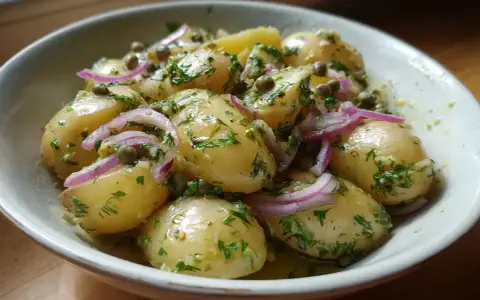 En härlig potatissallad med kapris, rödlök och färska örter i en skål.