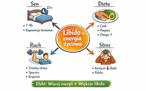 Wykres pokazuje, jak sen, dieta, ruch i stres wpływają na libido u mężczyzn. Dobre nawyki zwiększają energię i libido.