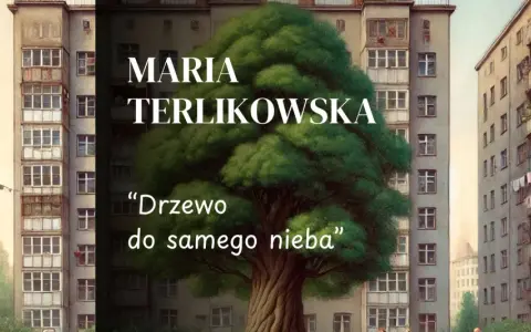 Duże, bujne drzewo wyrasta między blokami mieszkalnymi.