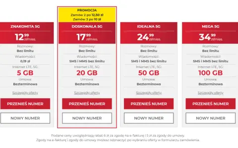 Oferty abonamentu rodzinnego dla 4 osób: 5 GB za 12,99 zł, 20 GB za 17,99 zł, 50 GB za 24,99 zł, 100 GB za 34,99 zł.