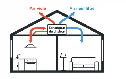 Schéma d'une VMC double flux : l'air vicié sort par la bouche en hauteur, l'air neuf filtré entre.