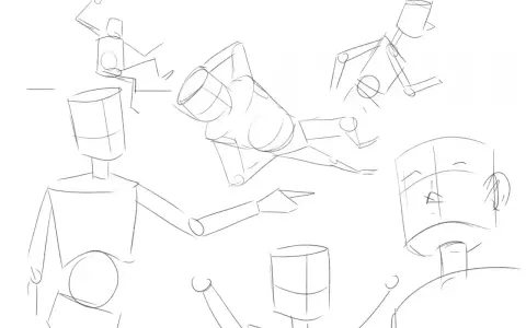 Esquisse d'un bonhomme dessinant des poses variées, certaines assises, d'autres allongées ou en mouvement.