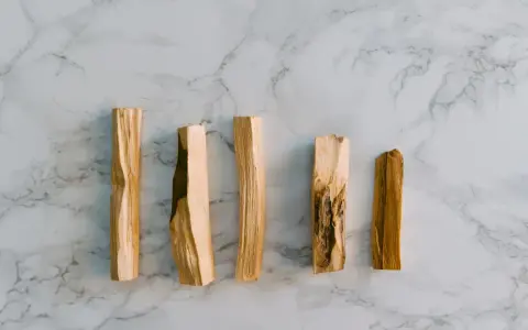 Cinco astillas de palo santo sobre mármol. ¿Por qué se apaga el palo santo? Quizás por la humedad o la mala ventilación.