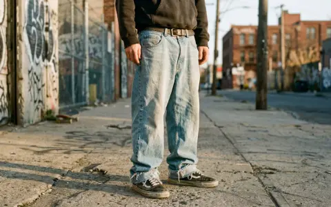 Ragazzo con baggy jeans uomo outfit, felpa scura e sneakers Vans, in un vicolo urbano con graffiti.