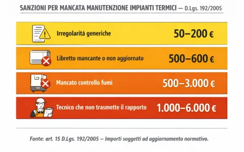 Sanzioni per mancata manutenzione caldaie: irregolarità generiche, libretto mancante, mancato controllo fumi e tecnico inadempiente comportano multe salate.