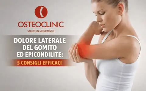 Donna con dolore al gomito, evidenziato in rosso. Il testo parla di epicondilite e consigli efficaci.