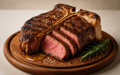 En perfekt tillagad bistecca alla fiorentina, saftig och rosa inuti, med en härlig yta, serverad på en träbricka med rosmarin.