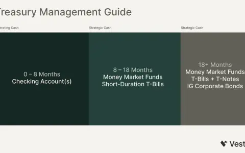 Treasury Management Guide for startups: Operating cash in checking accounts (0-8 months), strategic cash in money market funds and short-duration T-bills (8-18 months), and longer-term investments (18+ months).