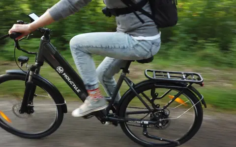 Osoba na rowerze elektrycznym Molicyle z amortyzacją pokonuje leśną ścieżkę.