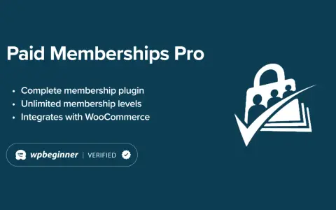 Paid Memberships Pro : plugin complet pour adhésions, niveaux illimités, intégration WooCommerce. Icône de sac avec personnes et coche.