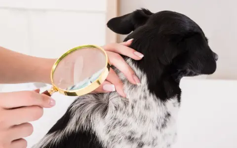 Main d'une personne examinant le pelage d'un chien avec une loupe, à la recherche de poux broyeur chien.