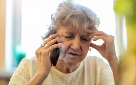 Zmartwiona starsza pani rozmawia przez telefon, szukając informacji, jak napisać rezygnację z sanatorium do NFZ.