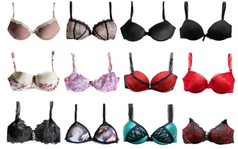 Dodici reggiseni di varie taglie, colori e fantasie, tra cui un modello 4 coppa b.