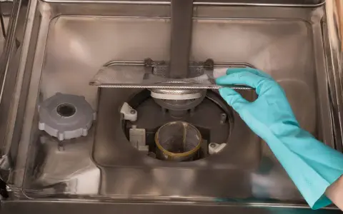 En hand med blå gummihandske rengör filtret i en illaluktande diskmaskin.