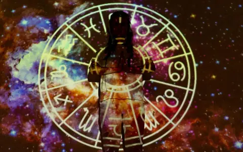 Postać w centrum, otoczona kosmiczną mgławicą, z projekcją ogniste znaki zodiaku na ciele.