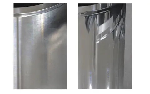 Porównanie powierzchni: po lewej matowe aluminium, po prawej efekt polerowania aluminium.
