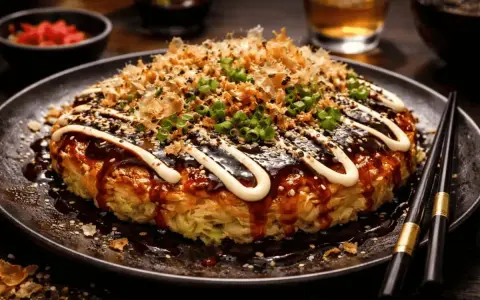 En läcker okonomiyaki med sås, majonnäs, sesamfrön och grön lök. Perfekt för ett okonomiyaki recept!