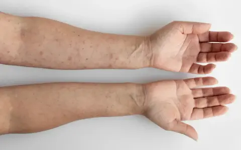 Dłonie i przedramiona z licznymi, drobnymi, czerwonymi zmianami skórnymi. Widoczne oznaki choroby, która może wymagać leczenia liszaj płaski.