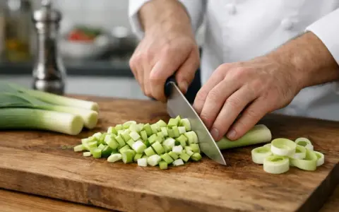 Préparation d'une recette poireaux : un chef coupe des poireaux en dés sur une planche en bois.