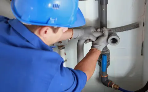 Instalator montuje odpowietrzenie kanału sanitarnego w domu parterowym, łącząc rury.