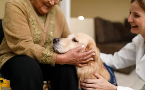 Un golden retriever coccolato da un'anziana e una volontaria. Momenti di gioia e conforto nella pet therapy anziani.
