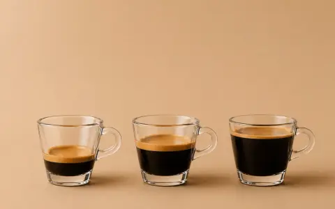 Drei Espressotassen zeigen den americano kaffee unterschied: von wenig Espresso bis zu mehr.