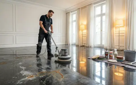 Mann mit Poliermaschine entfernt eingezogene Flecken aus Granit. Reinigungsmittel und Zubehör liegen bereit.