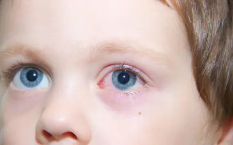 Occhio di bambino con congiuntivite, l'occhio rosso e irritato, con piccole vene visibili.