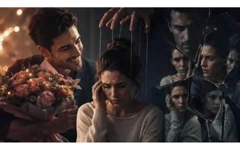 Un uomo sorride offrendo fiori, ma le sue mani muovono fili invisibili su una donna. Riflessi spezzati mostrano il suo tormento, simbolo di manipolazione psicologica.