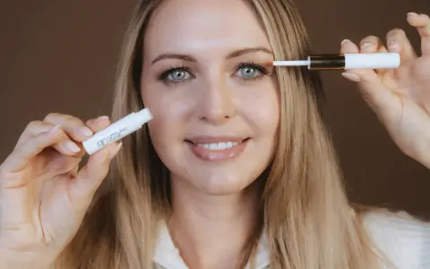 Frau mit blauen Augen trägt ein Serum auf ihre Wimpern auf, um sie wachsen zu lassen.