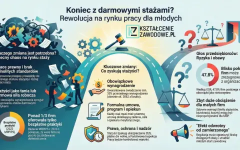 Ilustracja przedstawia schematycznie rynek staży, z elementami prawnymi i statystykami.