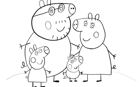 Rodzina Świnki Peppy do druku. Tata, mama, Peppa i George czekają na pokolorowanie.