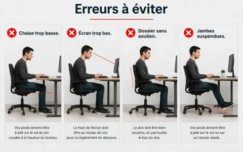 Conseils pour un aménagement des locaux de travail ergonomique : posture correcte, écran à hauteur des yeux, dos soutenu et pieds au sol.