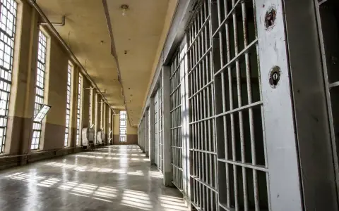 Korytarz więzienny z celami po prawej i oknami po lewej. Światło wpada przez okna, tworząc cienie na podłodze. Zastanawiasz się, po jakim czasie więzień może dzwonić?