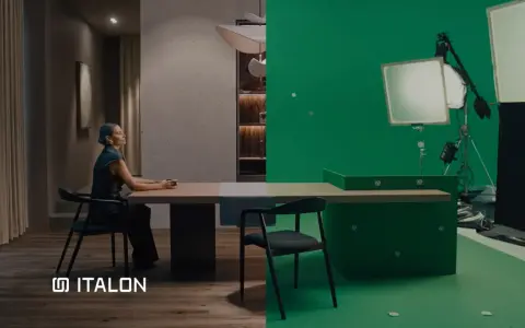 Scena divisa: a sinistra, una donna seduta a un tavolo in un interno elegante; a destra, un set con green screen e luci, dove nascono gli effetti speciali cinema.