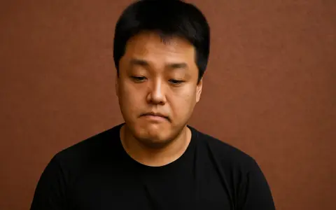 Do Kwon, zamyślony, w czarnej koszulce na brązowym tle.