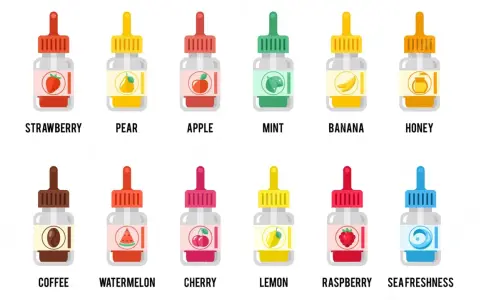 Botellas de líquidos para vapear con sabores: fresa, pera, manzana, menta, plátano, miel, café, sandía, cereza, limón, frambuesa y "sea freshness". El propilenglicol es malo.