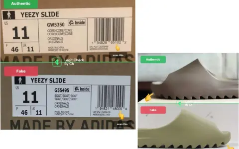 Porównanie Yeezy: oryginalne vs. podróbki. Na zdjęciu etykiety i klapki, z oznaczeniami "Authentic" i "Fake".