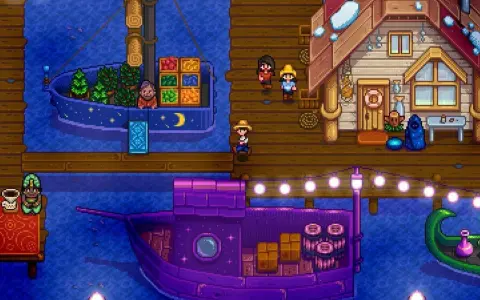 Un muelle de Stardew Valley con barcos, un puesto de comercio y personajes. ¡Una guía visual para tus aventuras!