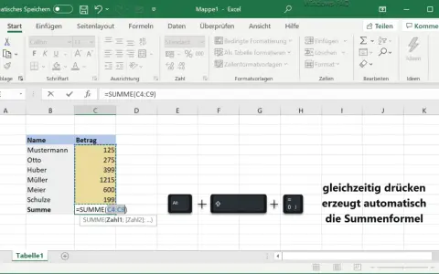 Excel: Summenformel automatisch erstellen. Mit Alt + Umschalt + = wird die excel summe aus anderem tabellenblatt schnell berechnet.