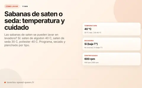 Instrucciones para el **programa lavadora sabanas** de satén y seda: temperatura 40°C, secadora sí (baja T°), centrifugado 600 rpm.