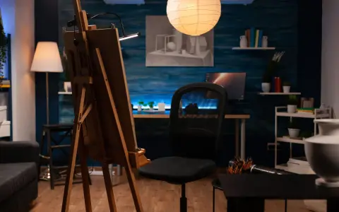 Un estudio de pintura en casa con caballete, silla de oficina, lámpara de pie y un escritorio con ordenador.