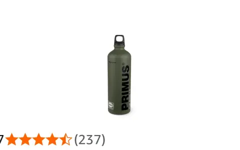En grön Primus flaska för bränsle, redo för äventyr.
