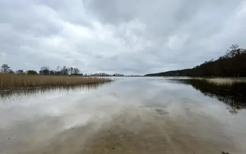 Spokojne jezioro Wójtowskie pod pochmurnym niebem. Woda odbija chmury i zarośla trzcin.